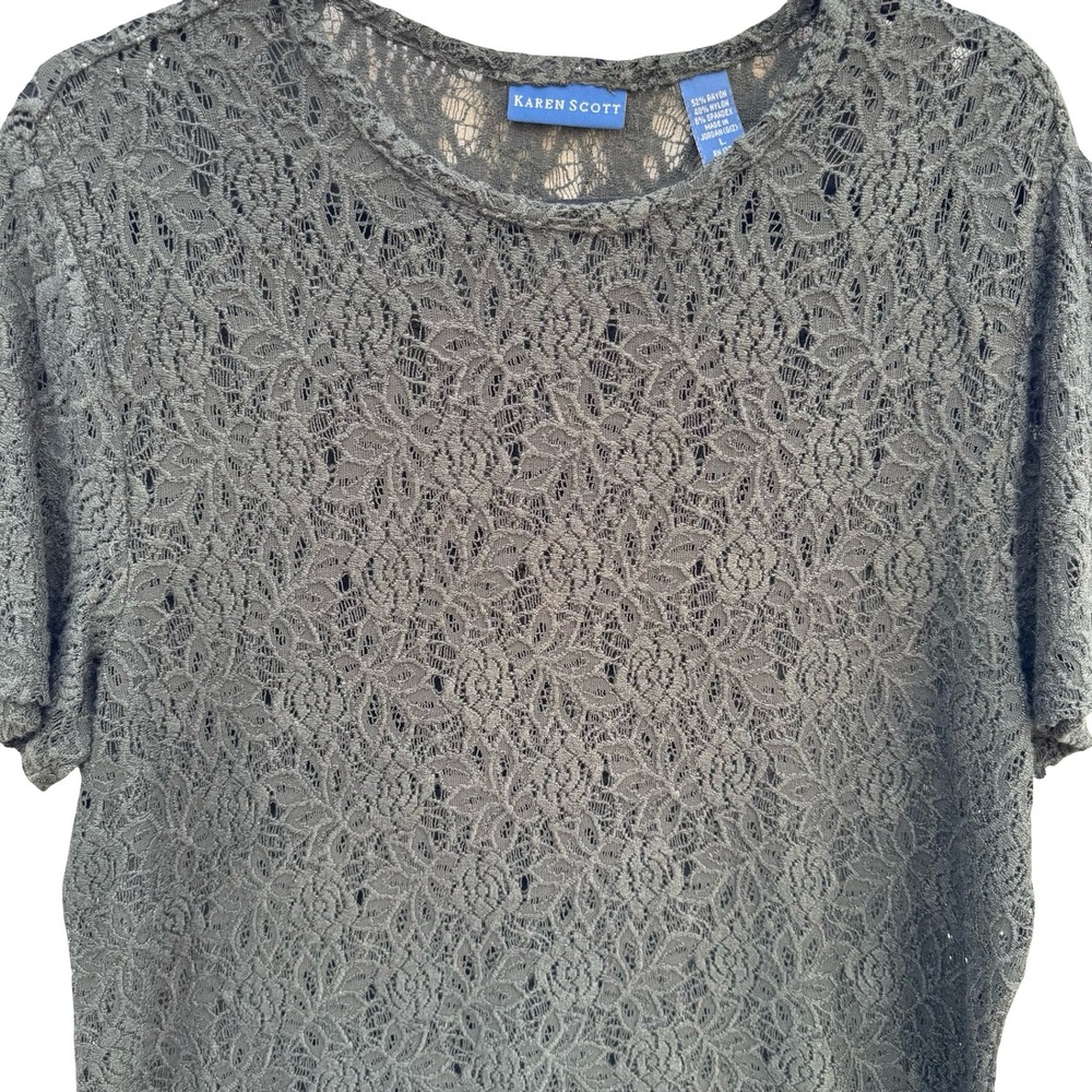 Karen Scott Vintage Womens Green Floral‎ Lace Short Sleeve Crew Neck Top Large - Picture 3 of 8